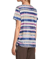 Allison Daley Petite Size Tie-Dye Stripe Short Sleeve Keyhole Neck Ruched Side Tie Hem Knit Top