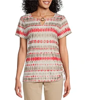 Allison Daley Petite Size Tie-Dye Stripe Short Sleeve Keyhole Neck Ruched Side Tie Hem Knit Top