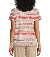 Allison Daley Petite Size Tie-Dye Stripe Short Sleeve Keyhole Neck Ruched Side Tie Hem Knit Top