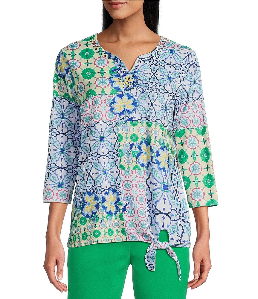 Allison Daley Petite Size Tile Block Print 3/4 Sleeve Split V-Neck Tie Hem Knit Top