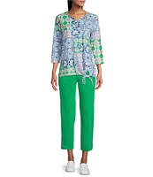 Allison Daley Petite Size Tile Block Print 3/4 Sleeve Split V-Neck Tie Hem Knit Top