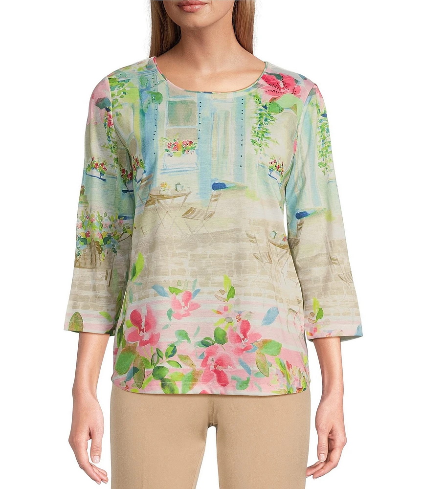 Allison Daley Petite Size Town Country Border Print 3/4 Sleeve Crew Neck Knit Top