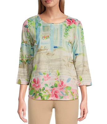 Allison Daley Petite Size Town Country Border Print 3/4 Sleeve Crew Neck Knit Top