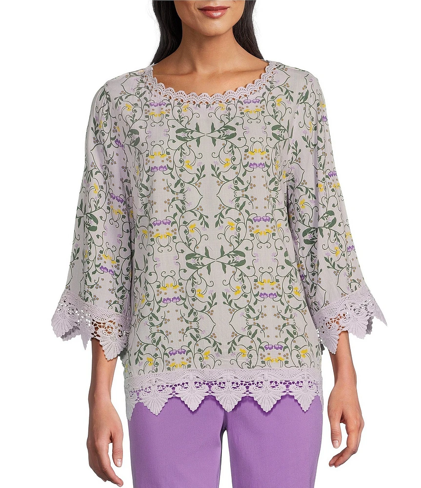 Allison Daley Petite Size Trellis Floral Print 3/4 Sleeve Crew Neck Lace Detail Blouse