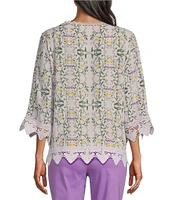Allison Daley Petite Size Trellis Floral Print 3/4 Sleeve Crew Neck Lace Detail Blouse