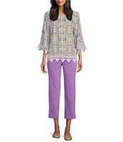 Allison Daley Petite Size Trellis Floral Print 3/4 Sleeve Crew Neck Lace Detail Blouse