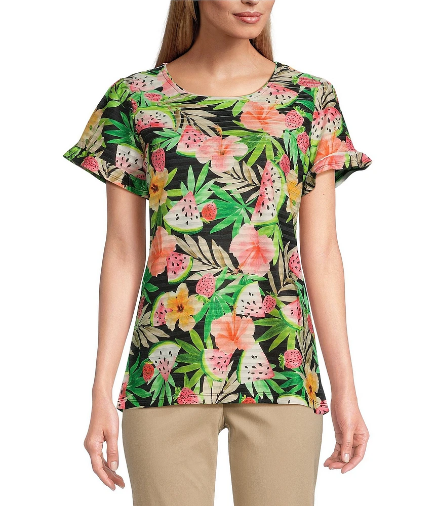 Allison Daley Petite Size Tropical Fruit Print Short Ruffle Sleeve Crew Neck Knit Top