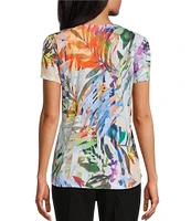 Allison Daley Petite Size Tropical Melange Print Short Sleeve Crew Neck Knit Top