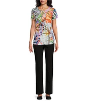 Allison Daley Petite Size Tropical Melange Print Short Sleeve Crew Neck Knit Top