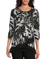 Allison Daley Petite Size Tropical Shadow Print 3/4 Ruched Sleeve Crew Neck Ruffle Hem Knit Top