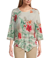 Allison Daley Petite Size Tropical Stripe Print 3/4 Sleeve Crew Neck Asymmetric Hem Embellished Knit Top