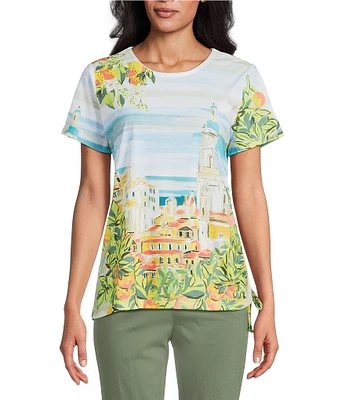 Allison Daley Petite Size Tuscan Village Print Short Sleeve Side Ruched Knit Top