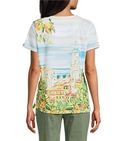 Allison Daley Petite Size Tuscan Village Print Short Sleeve Side Ruched Knit Top