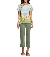 Allison Daley Petite Size Tuscan Village Print Short Sleeve Side Ruched Knit Top