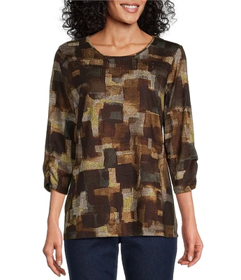 Allison Daley Petite Size Abstract Watercolor Check Print Embellished 3/4 Ruched Sleeve Crew Neck Abstract Tee Shirt