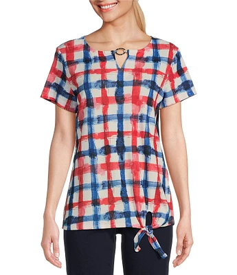 Allison Daley Petite Size Watercolor Plaid Short Sleeve Keyhole Neck Tie Hem Gauze Knit Top