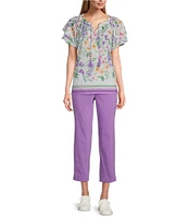 Allison Daley Petite Size Wildflower Border Print Flutter Sleeve Tassel Tie Neck Knit Top