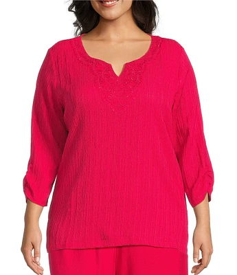 Allison Daley Plus Embellished Applique Split Round Neck 3/4 Ruched Sleeve Woven Top