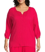 Allison Daley Plus Embellished Applique Split Round Neck 3/4 Ruched Sleeve Woven Top