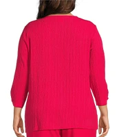 Allison Daley Plus Embellished Applique Split Round Neck 3/4 Ruched Sleeve Woven Top