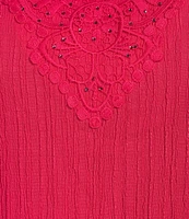Allison Daley Plus Embellished Applique Split Round Neck 3/4 Ruched Sleeve Woven Top