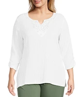 Allison Daley Plus Embellished Applique Split Round Neck 3/4 Ruched Sleeve Woven Top