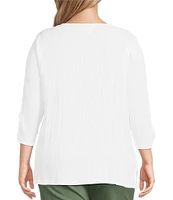 Allison Daley Plus Embellished Applique Split Round Neck 3/4 Ruched Sleeve Woven Top