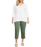 Allison Daley Plus Embellished Applique Split Round Neck 3/4 Ruched Sleeve Woven Top