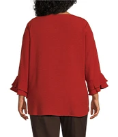 Allison Daley Plus Size 3/4 Ruffle Sleeve Keyhole Neck Blouse