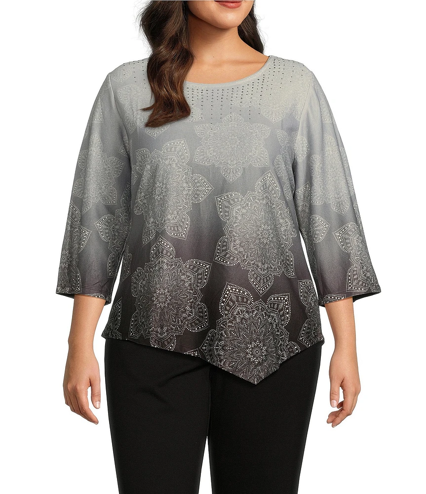 Allison Daley Plus Size 3/4 Sleeve Crew Neck Asymmetric Hem Knit Top