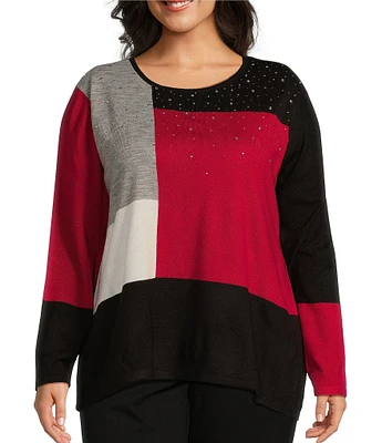 Allison Daley Plus Size 3/4 Sleeve Crew Neck Embellished Color Block Sweater