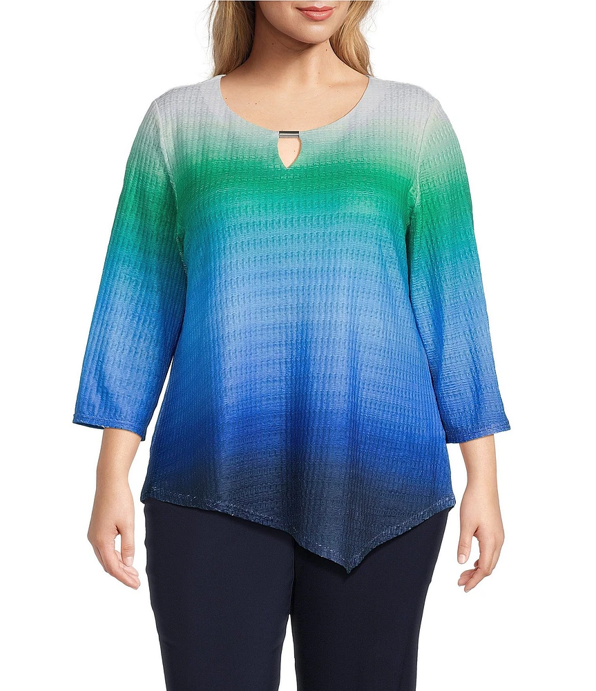 Allison Daley Plus Size Ombre Textured 3/4 Sleeve Keyhole Neck Asymmetric Hem Knit Top