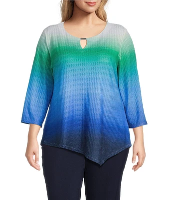 Allison Daley Plus Size Ombre Textured 3/4 Sleeve Keyhole Neck Asymmetric Hem Knit Top