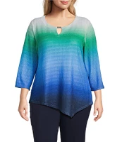 Allison Daley Plus Size Ombre Textured 3/4 Sleeve Keyhole Neck Asymmetric Hem Knit Top