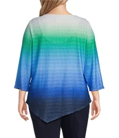 Allison Daley Plus Size Ombre Textured 3/4 Sleeve Keyhole Neck Asymmetric Hem Knit Top