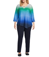 Allison Daley Plus Size Ombre Textured 3/4 Sleeve Keyhole Neck Asymmetric Hem Knit Top