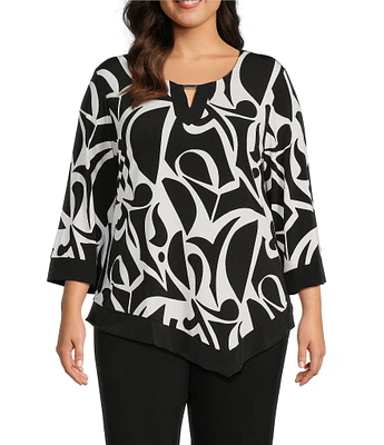 Allison Daley Plus Size 3/4 Sleeve Keyhole Neck Asymmetric Hem Knit Top