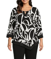 Allison Daley Plus Size 3/4 Sleeve Keyhole Neck Asymmetric Hem Knit Top