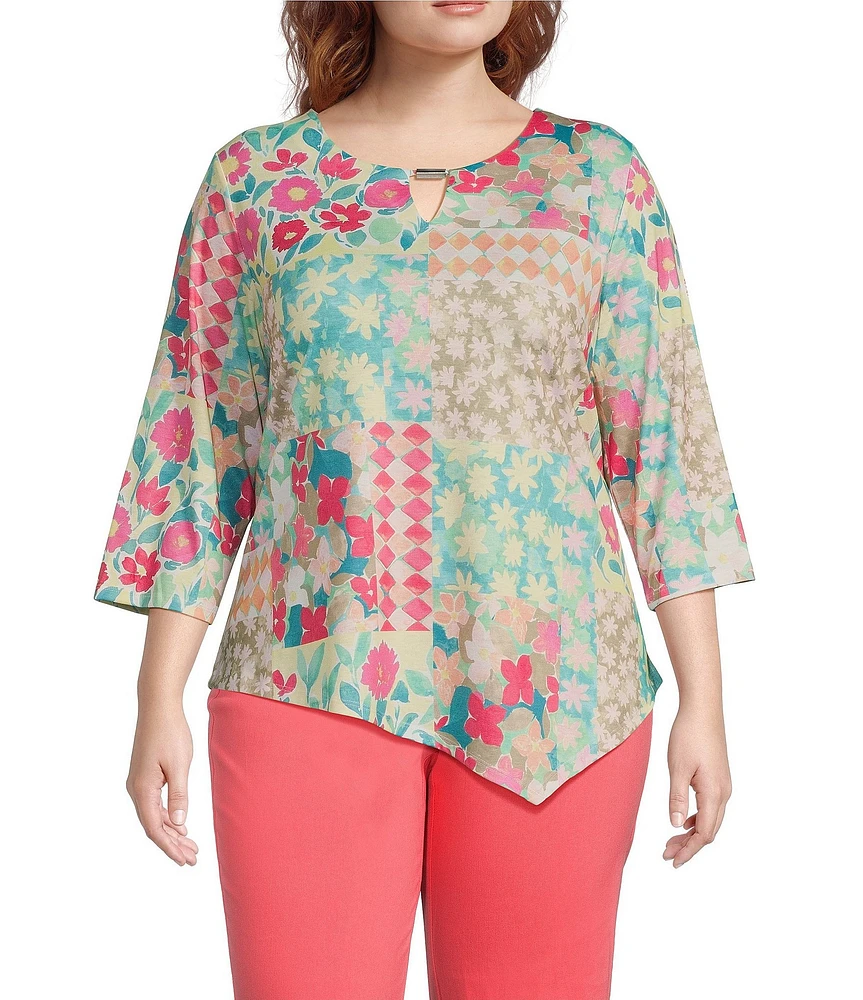 Allison Daley Plus Size Spring Patchwork 3/4 Sleeve Keyhole Neck Asymmetric Hem Knit Top