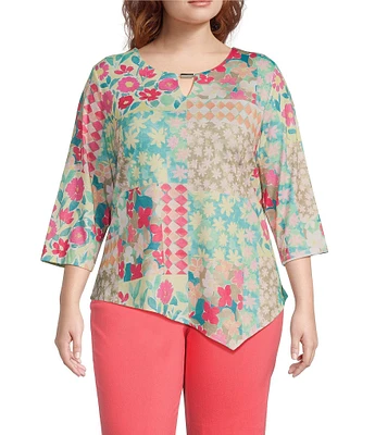 Allison Daley Plus Size Spring Patchwork 3/4 Sleeve Keyhole Neck Asymmetric Hem Knit Top