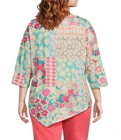Allison Daley Plus Size Spring Patchwork 3/4 Sleeve Keyhole Neck Asymmetric Hem Knit Top