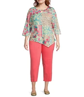 Allison Daley Plus Size Spring Patchwork 3/4 Sleeve Keyhole Neck Asymmetric Hem Knit Top