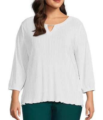 Allison Daley Plus Size 3/4 Sleeve Keyhole Neck Pearl Chain Pleated Knit Top