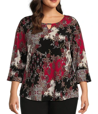 Allison Daley Plus Size 3/4 Sleeve Keyhole Neck Jewelry Bar Knit Top