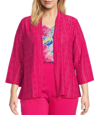 Allison Daley Plus Size 3/4 Sleeve Open-Front Eyelet Knit Cardigan