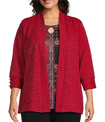 Allison Daley Plus Size Ottoman Check 3/4 Sleeve Open Front Patch Pocket Cardigan