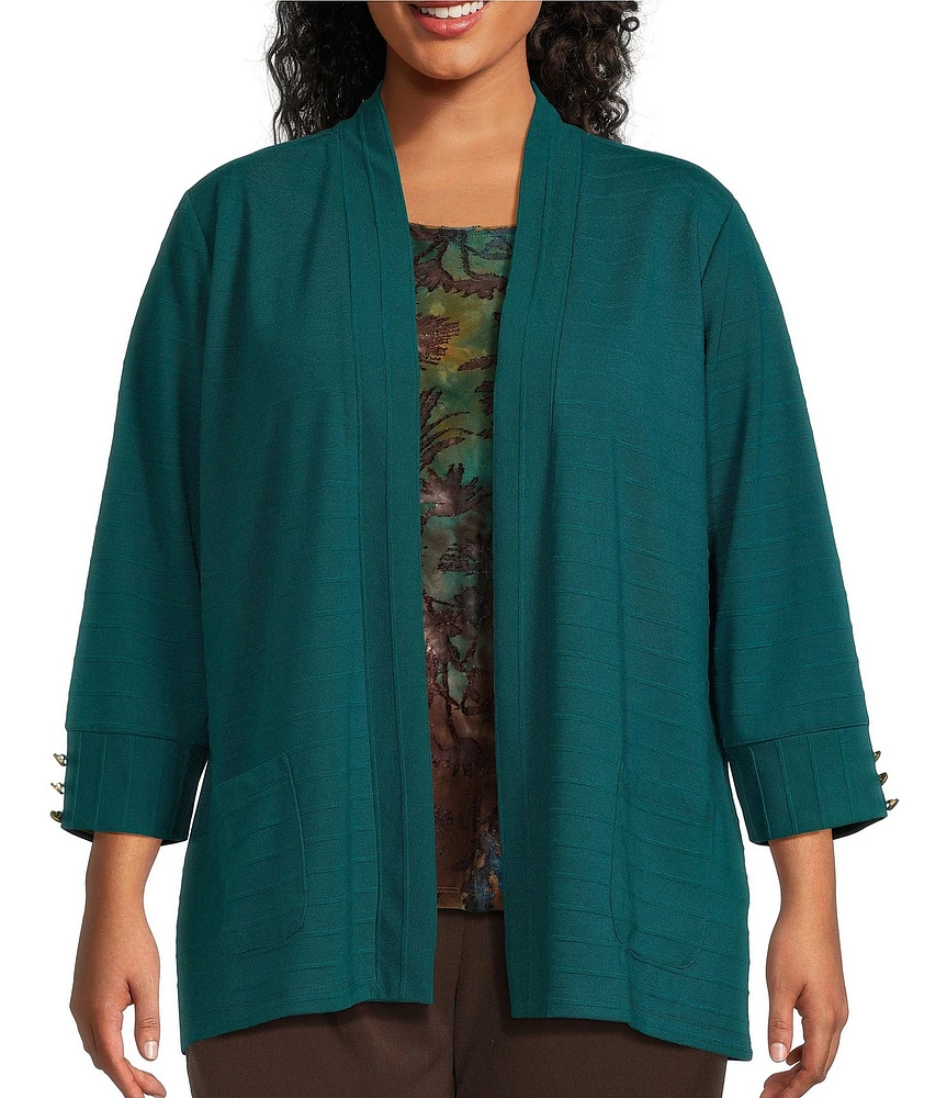 Allison Daley Plus Size Spaced Ottoman Knit 3/4 Sleeve Open Front Patch Pocket Cardigan