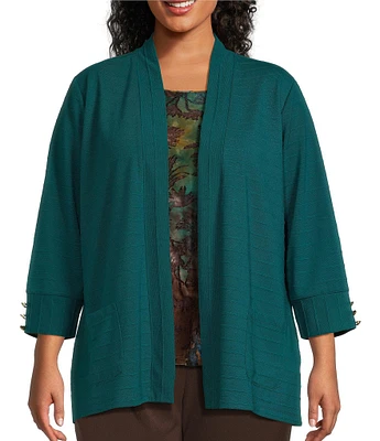 Allison Daley Plus Size Spaced Ottoman Knit 3/4 Sleeve Open Front Patch Pocket Cardigan