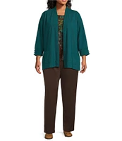 Allison Daley Plus Size Spaced Ottoman Knit 3/4 Sleeve Open Front Patch Pocket Cardigan