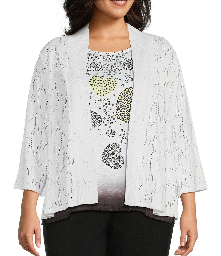 Allison Daley Plus Size 3/4 Sleeve Open-Front Wave Eyelet Knit Cardigan